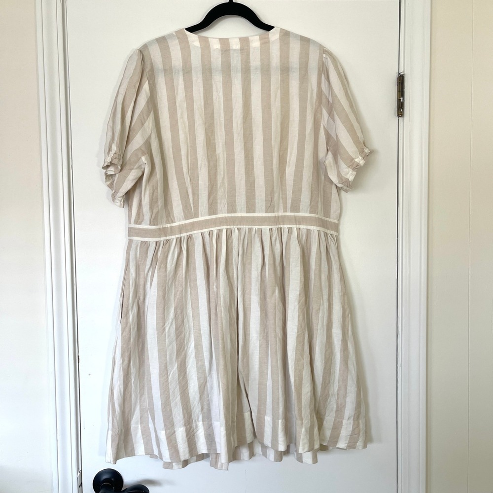 Loft Plus Tan White Coastal Striped Linen Blend ButtonFront Pocket Dress Size 18 - Picture 10 of 12